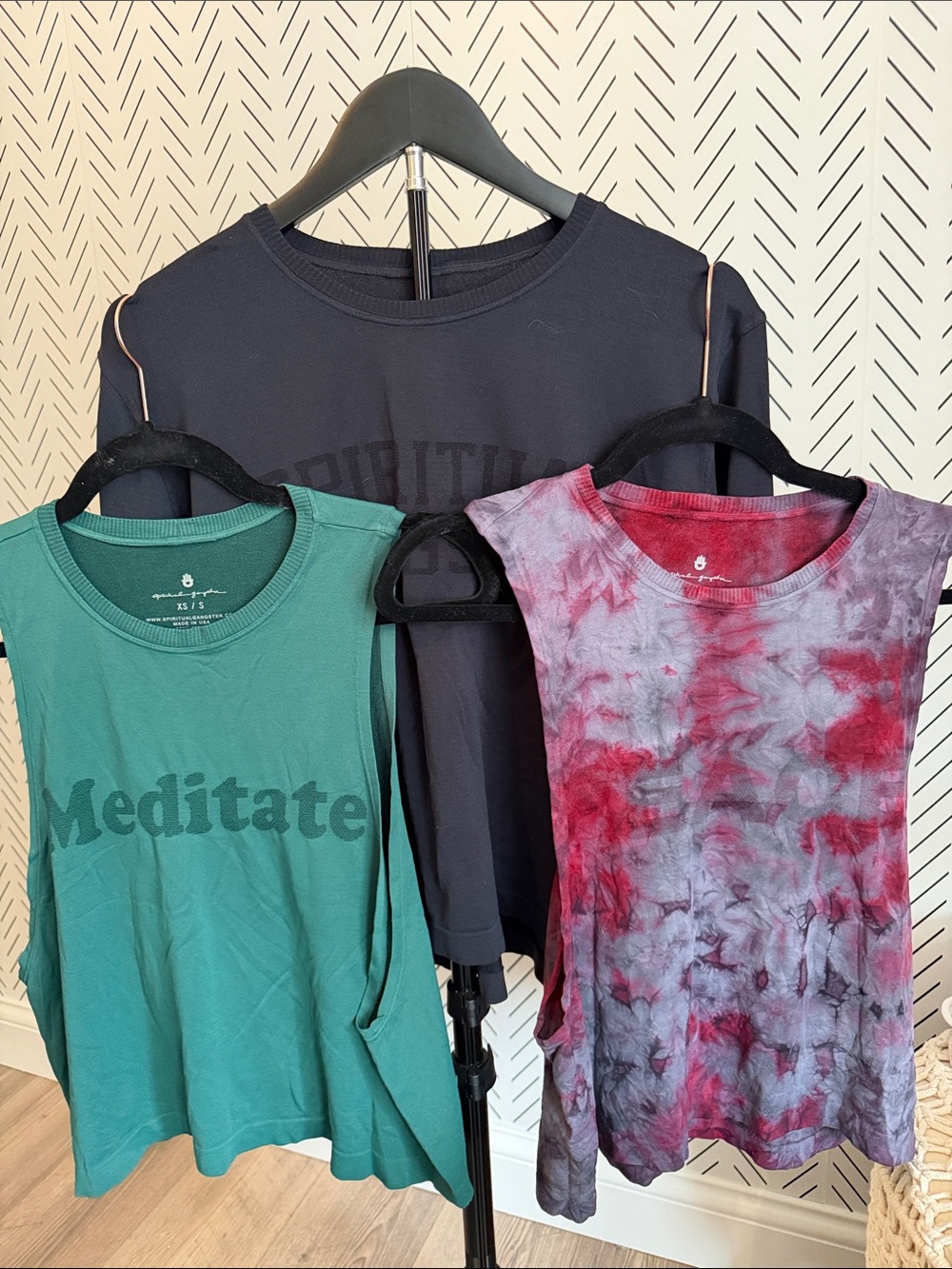 Lot of 3 Spiritual Gangster Teal Meditate Tank w/ Red & Gray Tie-Dye Muscle Top